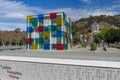 Entrance of multi coloured glassÃÂ cube Pompidou centre Malaga Spain